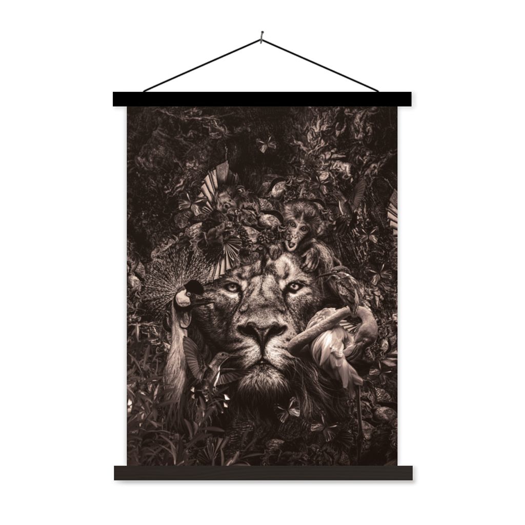 MuchoWow Textilposter Löwe - Tiere - Affe 120x160 cm mit schwarzem Rahmen - Magnetischer