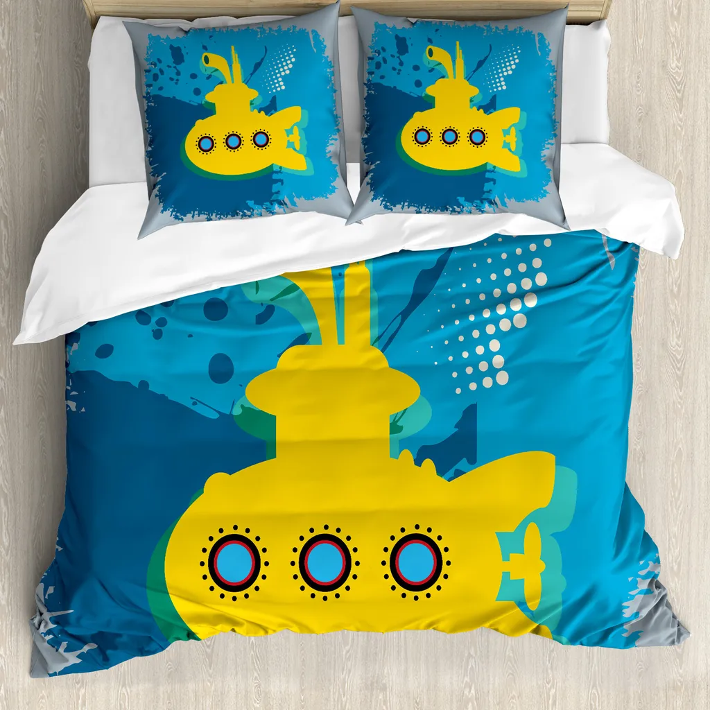 ABAKUHAUS Copripiumino giallo a forma di sottomarino, Bubbles Ocean, antiacaro, adatto a chi soffre di allergie, con federe, 155 cm x 220 cm - 80 x 80 cm, senape e blu petrolio