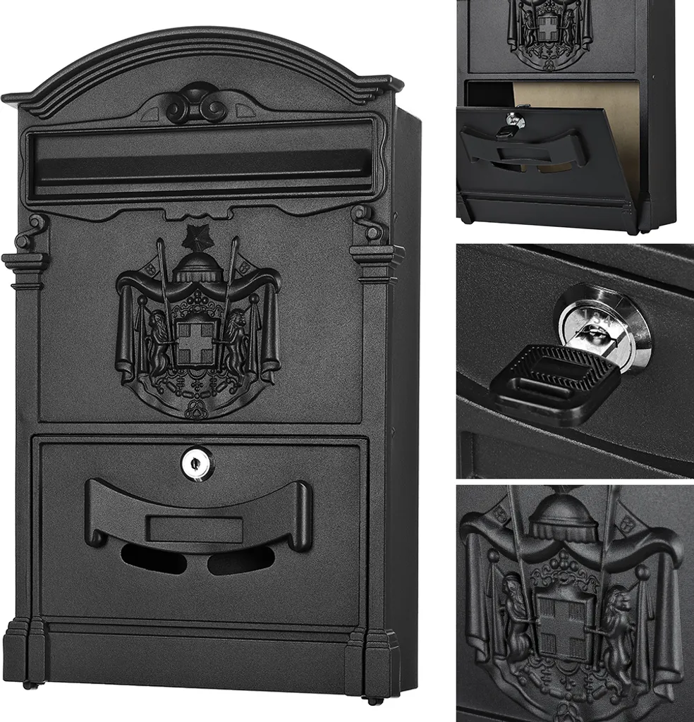 Melko Boîte aux Lettres Murale Antique en Fonte d'Aluminium Noire