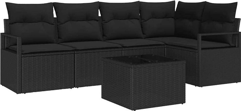 Sofa Set mit Kissen 6 pcs Schwarz Poly Rattan
