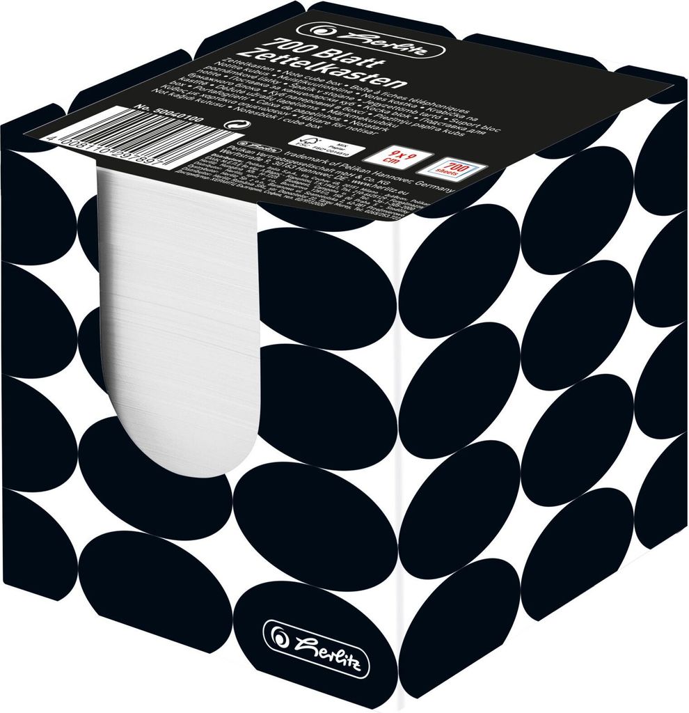 Herlitz Just Black Zettelkasten 700 Blatt 9x9x9 cm, Quadratisch, Karton, Schwarz, Weiß, 80 g/m², 90 mm, 90 mm