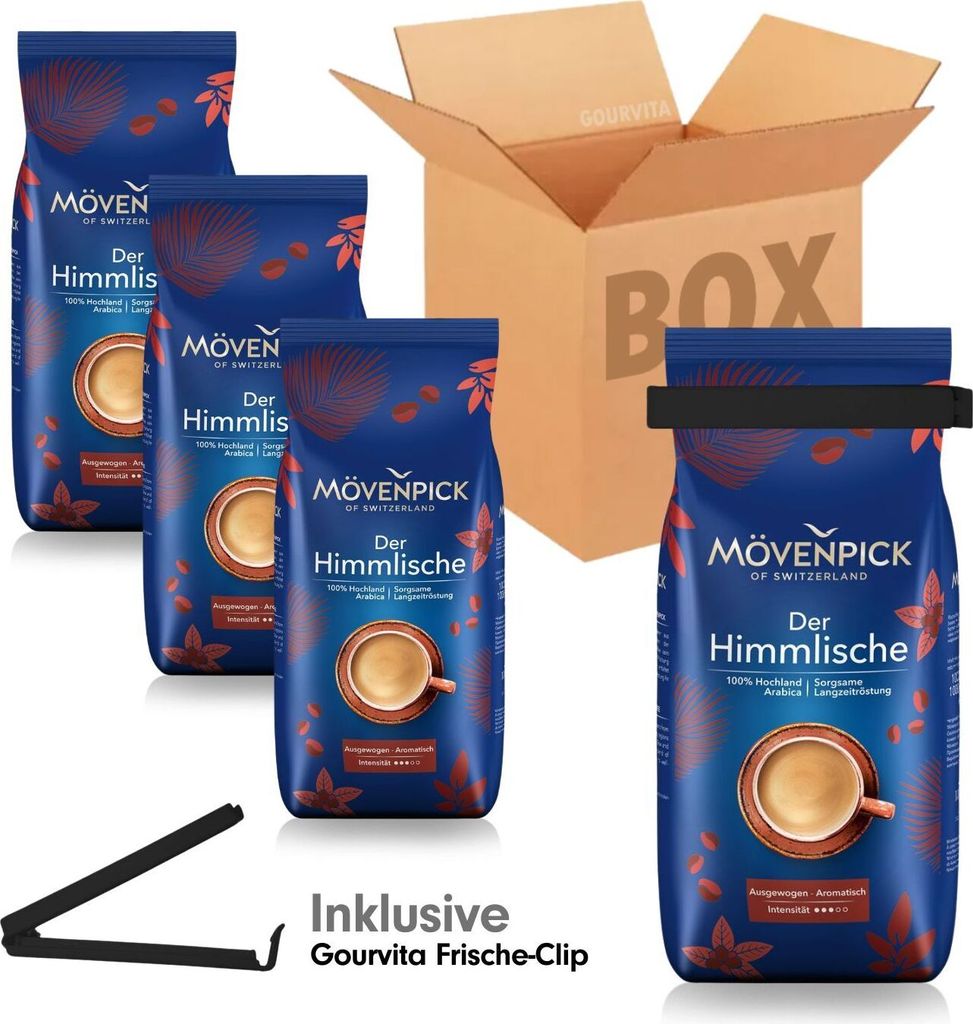 SPARBOX Mövenpick Der Himmlische + gratis Gourvita Frische-Clip, 4x1000g Bohnen