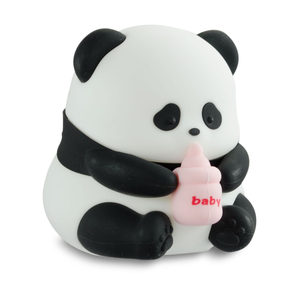 A cute, cartoon-like panda figurine holding a pink baby bottle.