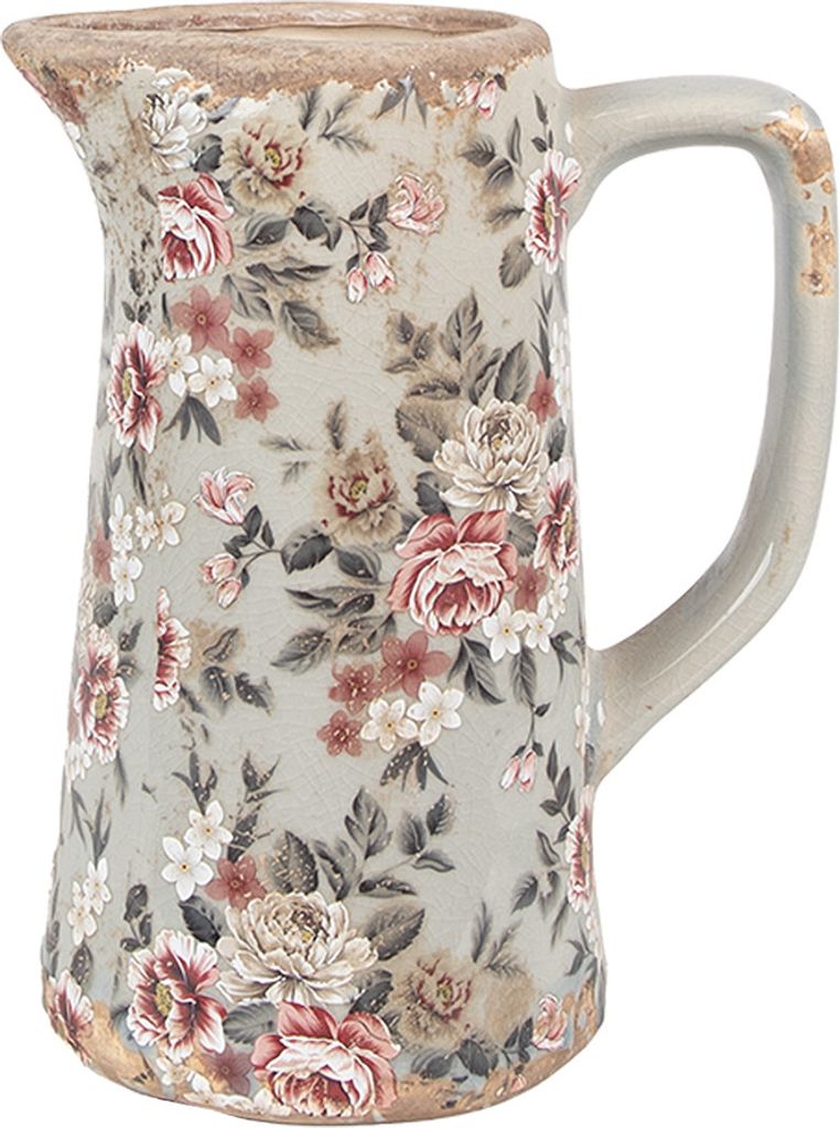 Clayre & Eef Dekorative Kanne 16x11x20 cm Grau Keramik Blumen