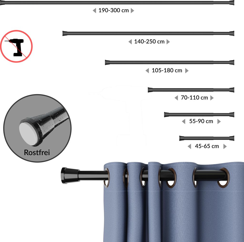 Tringle à Rideau De Douche Télescopique Aluminium Blanc 125-220 Cm - Fixation Sans Percage Inoxydable Fixation Ressort Douche