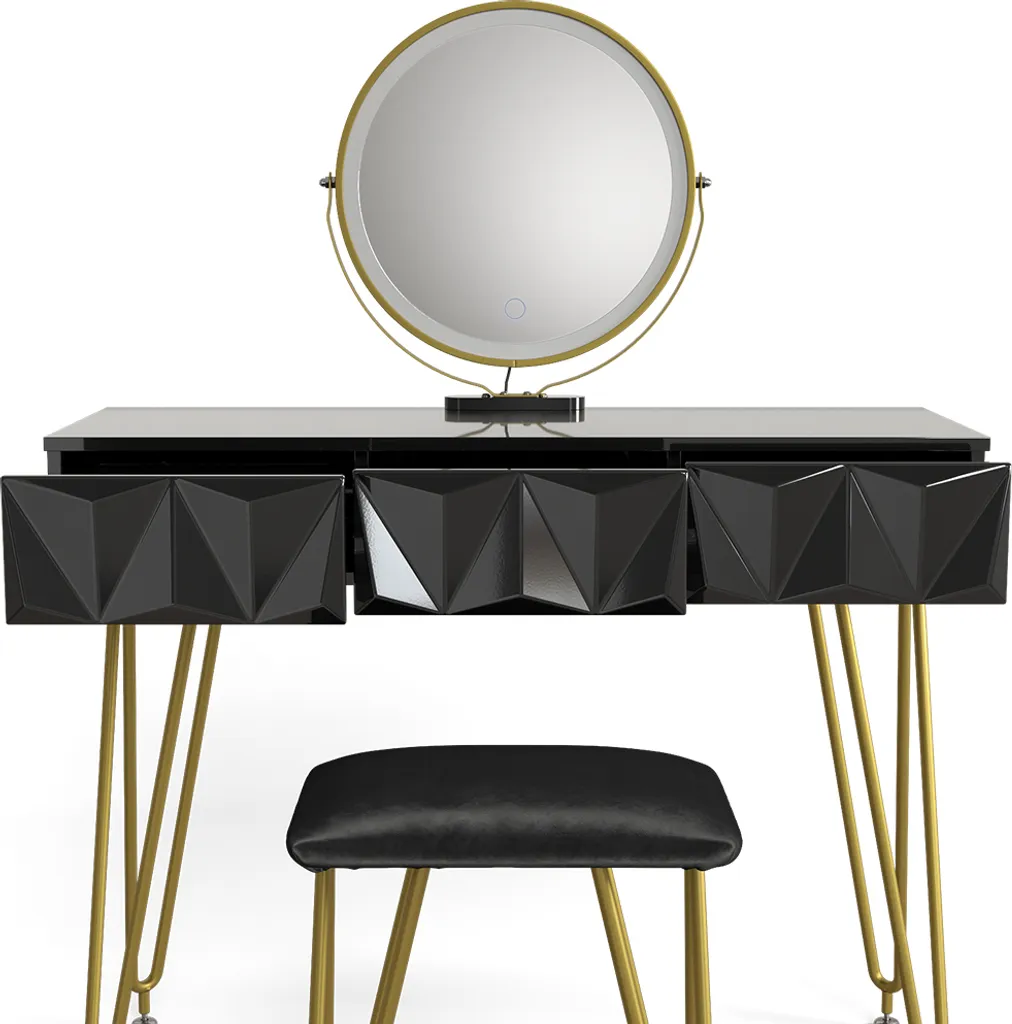 Coiffeuse Vicco Ruby Noir 100cm avec Miroir LED et Tabouret Model 40224