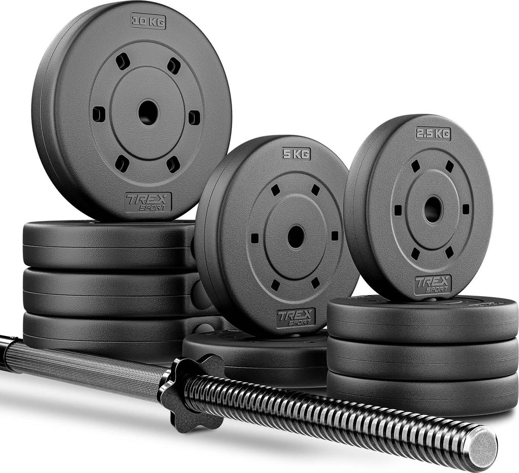 TREX SPORT Langhantel Set 66 kg | Hantelset mit Langhantelstange 150 cm, Kunststoff Hantelscheiben, Sternverschlüsse | Home Gym Krafttraining