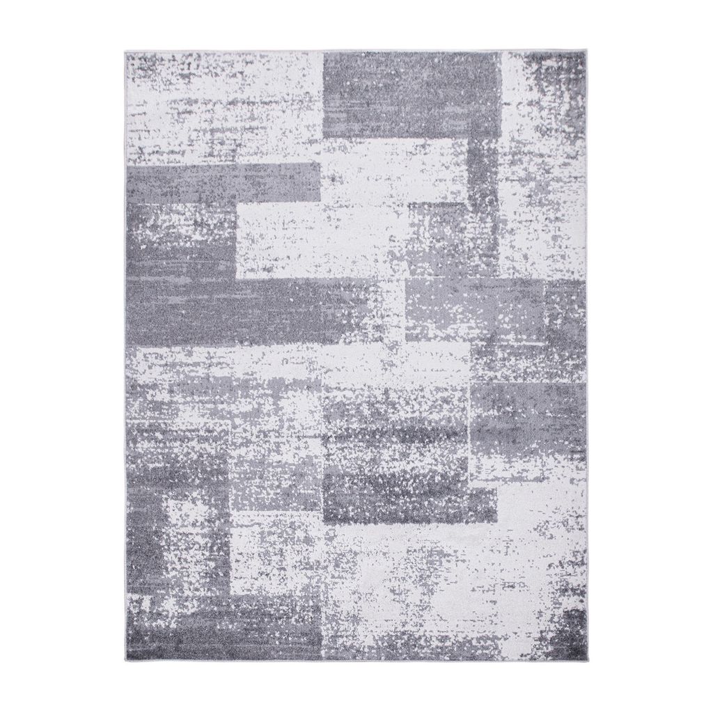 A rectangular rug with a geometric pattern is shown from a top-down view against a white background.
