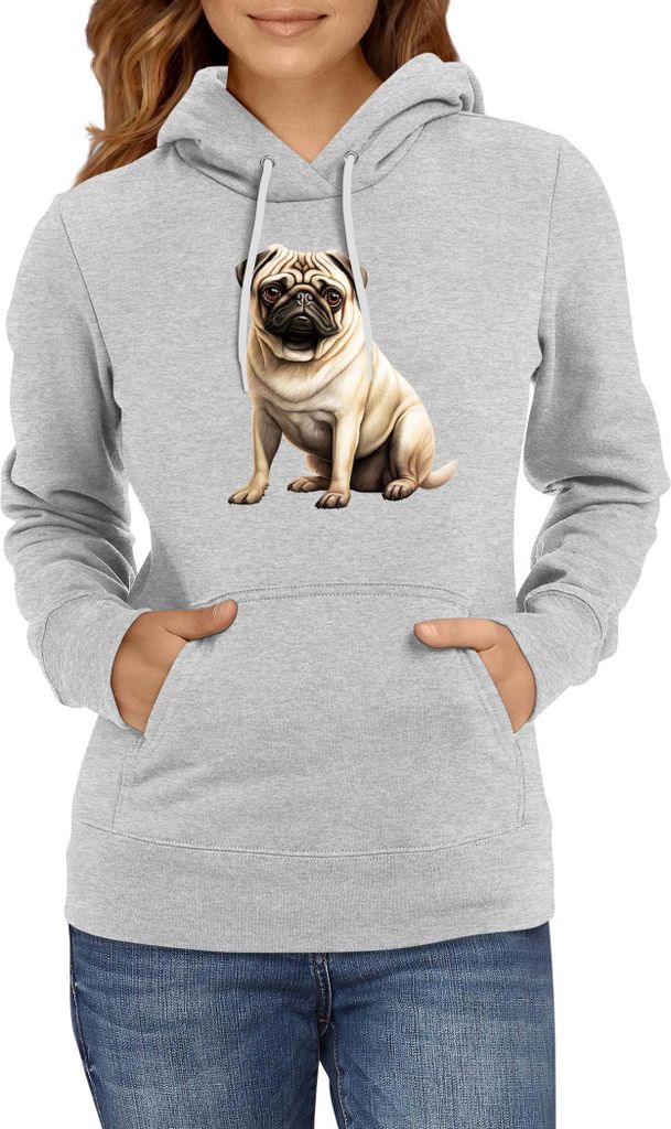 Damen Kapuzenpullover Dogs Breeds Pug Dog Breed 008, Lady 2XL / Grau