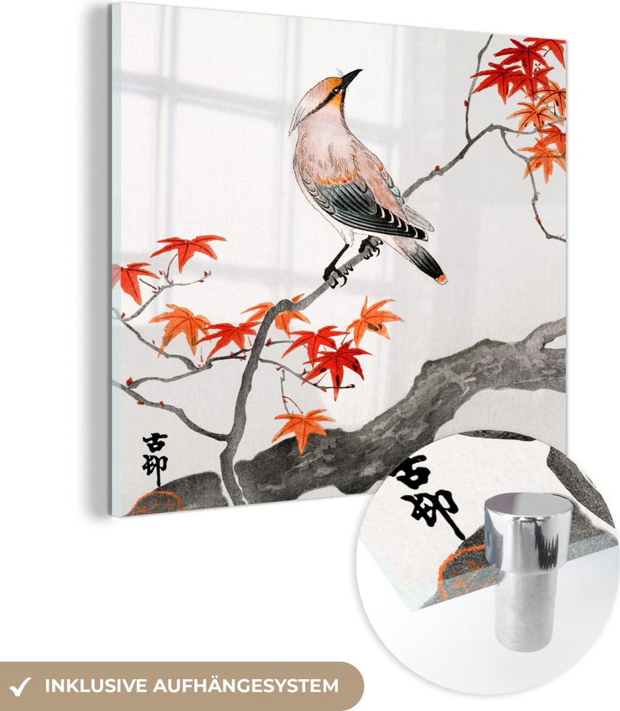 MuchoWow Glasbilder - Bilder auf Wandbild - Foto auf Glas Vintage - Vogel - Baum - Japanischer Ahorn 90x90 cm Wanddekoration aus Glas - Acrylglasbi...