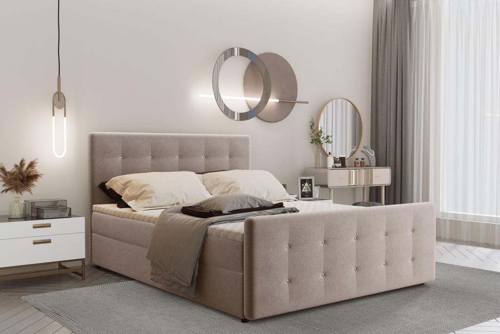 Kaiser Möbel Boxspringbett 160x200 mit bettkasten und matratze+topper, Schlafzimmerbett AMOR Beige