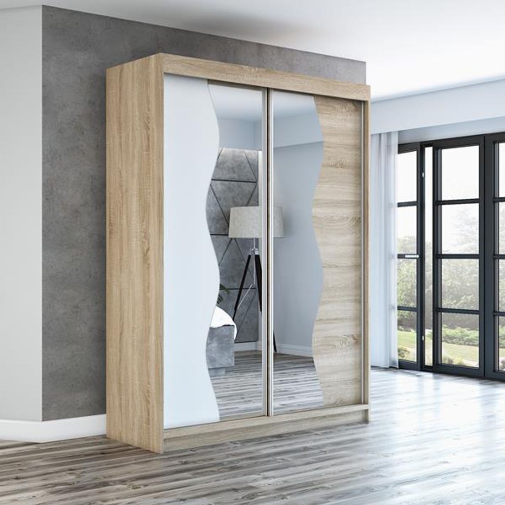 Schwebetürenschrank, 2-türig Schrank RIMA 180 cm (mit Spiegel) Sonoma / weiß / sonoma