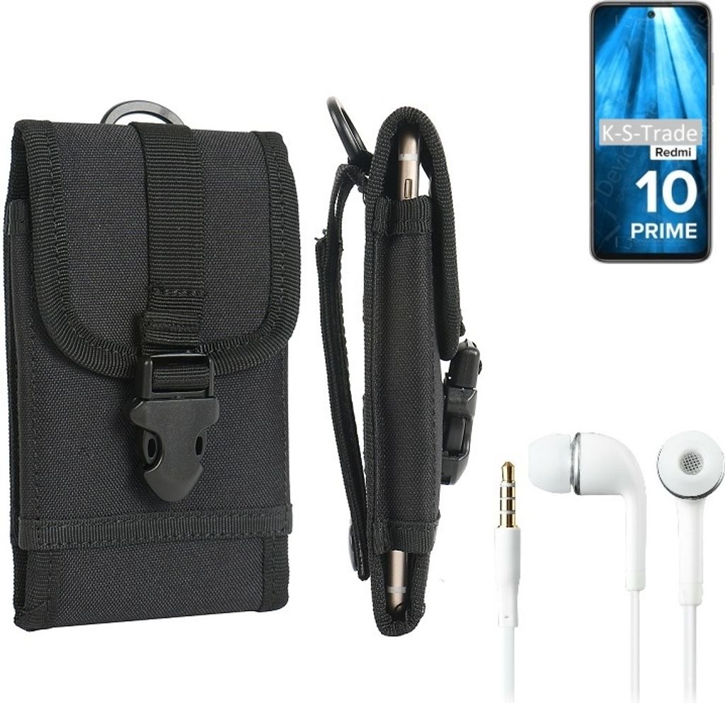 K-S-Trade Holster Schutz Hülle kompatibel mit Xiaomi Redmi 10 Prime Gürteltasche Handy Hülle Tasche outdoor Seitentasche schwarz 1x + Kopfhörer