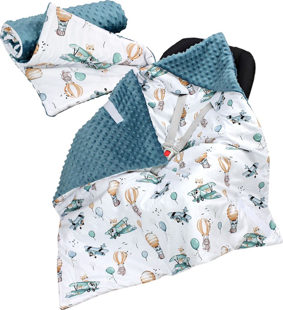 TupTam 2er SET Baby Decken Einschlagdecke 85x85 cm für Autositz Babyschale Babydecke Wiegendecke Minky Baumwolle, Farbe: Füchse im Flugzeug / Sma...