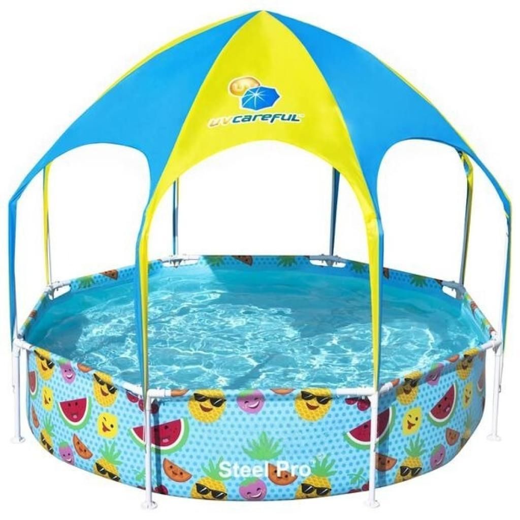 Zimilo Kinderpool mit Sonnendach, 244x51 cm, Aufstellpool mit Stahlrahmen, UV Schutz UPF 40+, Familienpool für Garten und Sommer