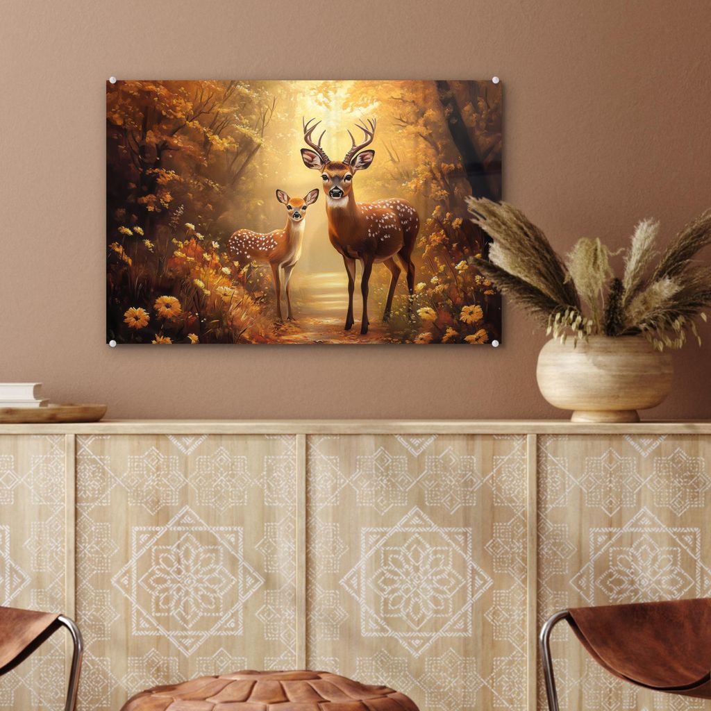 MuchoWow Glasbilder - Bilder auf Wandbild - Foto auf Glas Herbst - Wald - Hirsche - Waldtiere - Natur - Braun 60x40 cm Wanddekoration aus Glas - Ac...