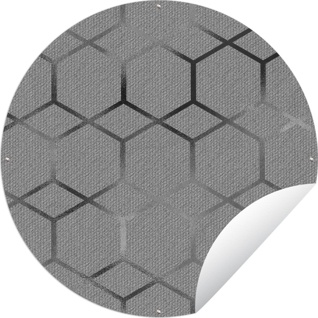 MuchoWow Gartenposter Outdoor-Poster Rund Sechseck - Geometrisch - Schwarz - Weiß Ø 60 cm Gartendeko Rundes Poster draußen