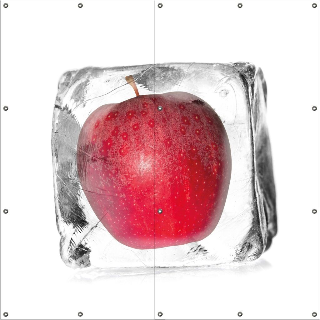 Wallario Outdoor-Poster für Garten oder Balkon, Motiv Roter Apfel in Eiswürfel - Eiskaltes Obst, in ca. 180 x 180 cm