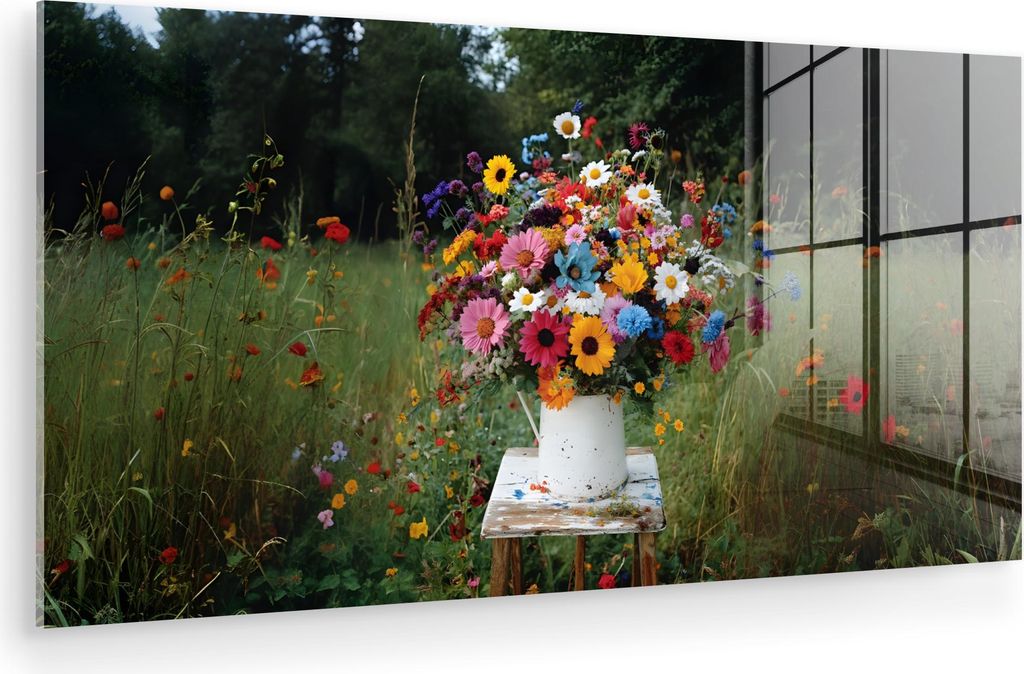 MuchoWow Glasbilder - Bilder auf Wandbild - Foto auf Glas Blumen - Hocker - Gießkanne - Feld 40x20 cm Wanddekoration aus Glas - Acrylglasbild - Ac...