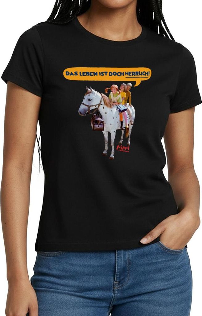 Spreadshirt Pippi Langstrumpf Pippi Mit Tommy Und Annika Frauen T-Shirt, XXL, Schwarz