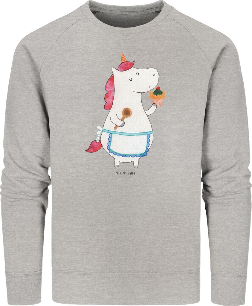 Mr. & Mrs. Panda Bio Baumwoll Pullover Einhorn Küche Größe S - Heather Grey - Geschenk, Organic Sweater, Muffin, Pulli, Unicorn, Koch, Sweatshir...