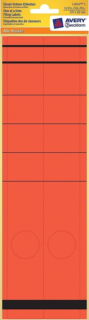 10x Einzel Ordner-Etiketten Schmal Lang 297x38mm Rot