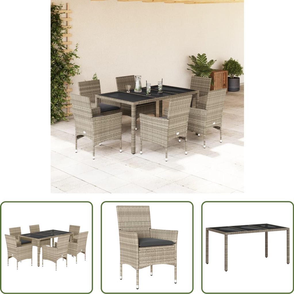The Living Store 7-tlg. Garten-Essgruppe mit Kissen Hellgrau Poly Rattan & Glas