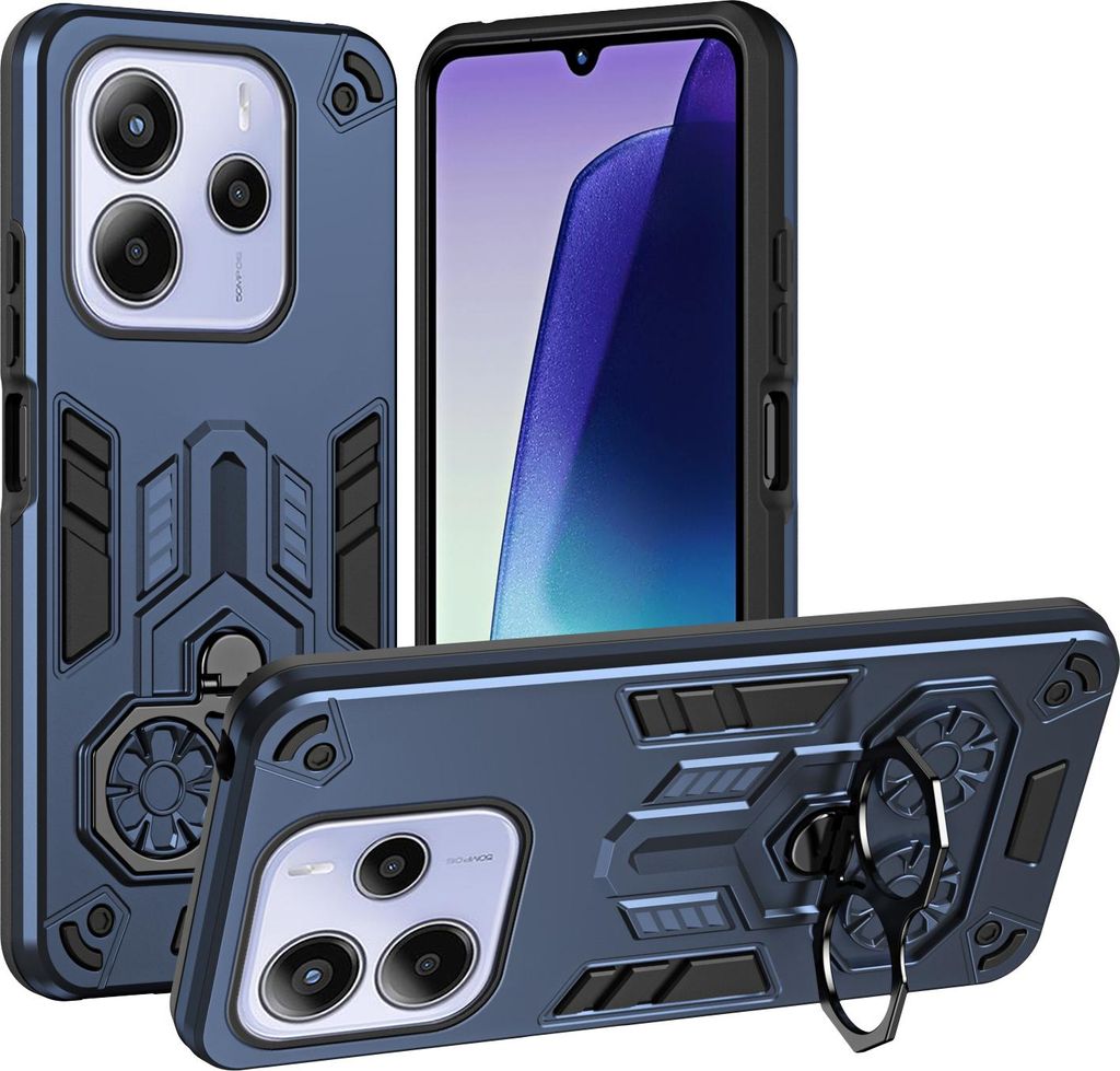 Hülle für Xiaomi Redmi Note 14 5G/4G Dual Layer PC TPU Militärqualität Stoßfest Rüstung Handyhülle mit Ring Metall Ständer Blau