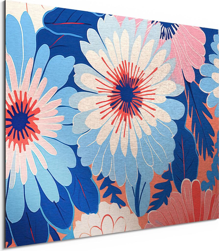DEQORI Alu-Dibond Bild Silber 40x30 cm 'Retroblumenmeer' Wandbild Metall dünn Design