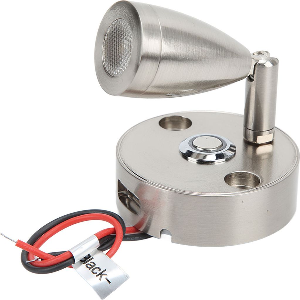 A close-up studio shot of a brushed nickel LED reading light with a touch dimmer and USB charging port.