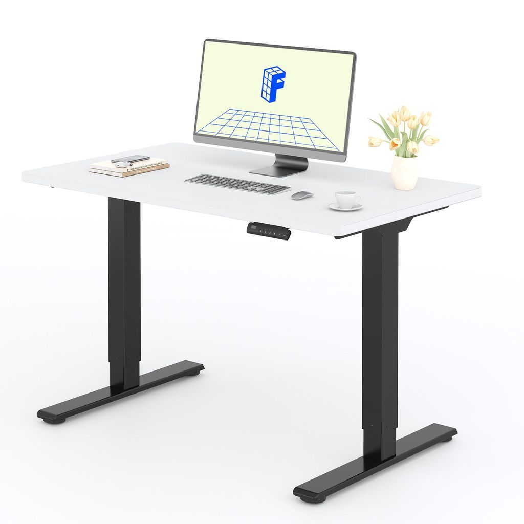 A modern standing desk with a computer and accessories on its surface, set against a white background.