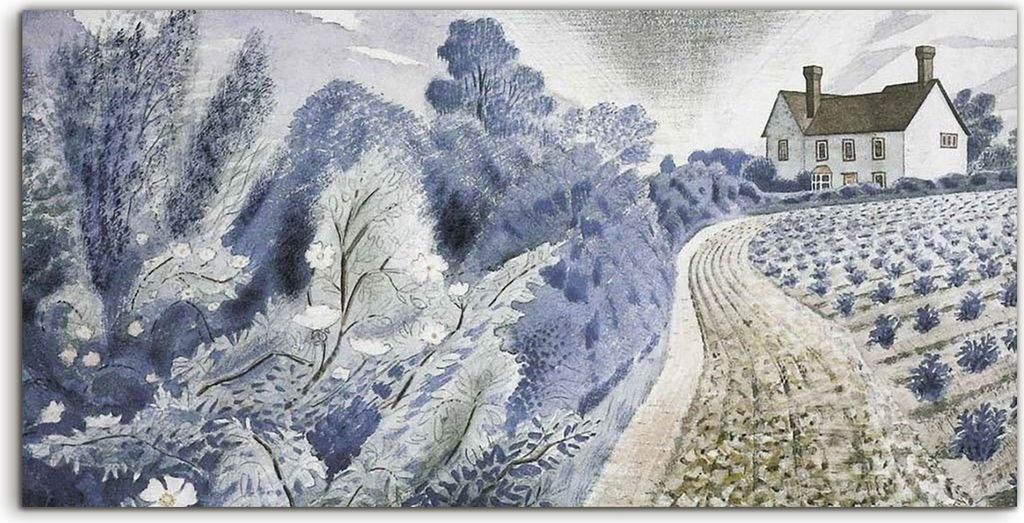 Coloray Acrylbild 120x60 Wandbild Acrylbilder Bauernhaus und Feld von Eric Ravilious