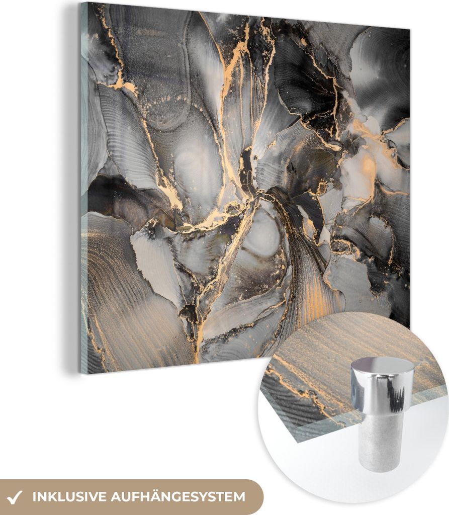 MuchoWow Glasbilder - Bilder auf Wandbild - Foto auf Glas Grau - Luxus - Gold - Marmor 90x90 cm Wanddekoration aus Glas - Acrylglasbild - Acrylbild...