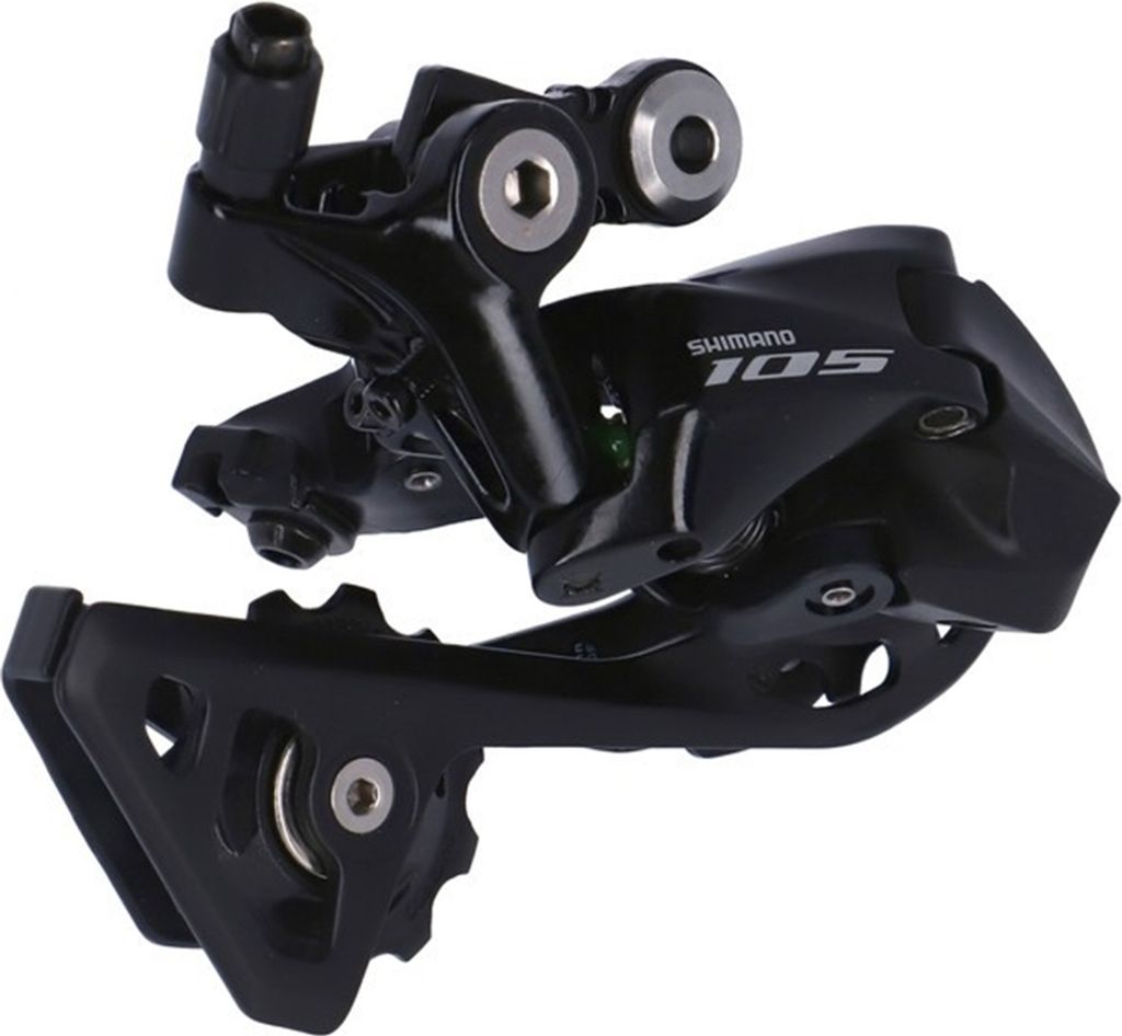 A black bicycle rear derailleur is shown against a white background.