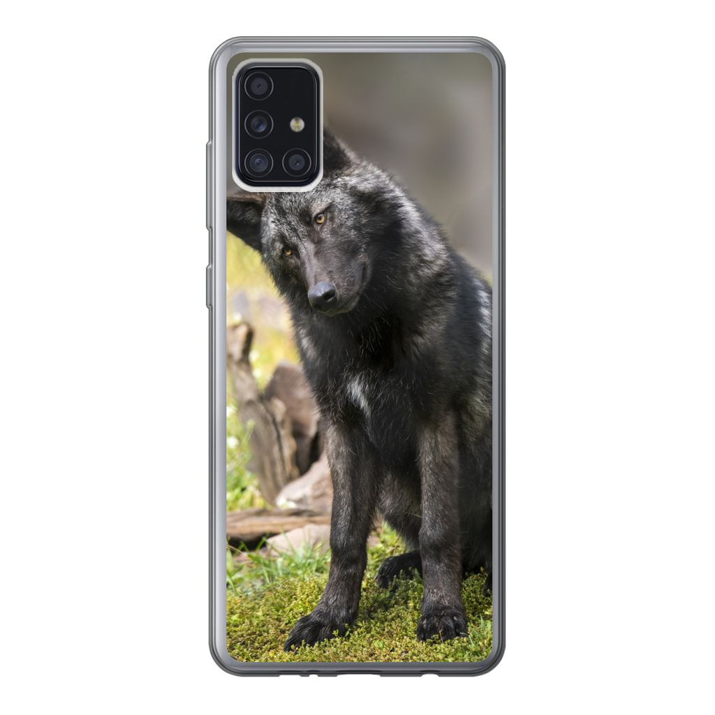 MuchoWow Handyhülle Schutzhülle Hülle für Samsung Galaxy A52 5G Wolf - Schwarz - Gras Silikon Softcase Handy Hülle - Umschlag
