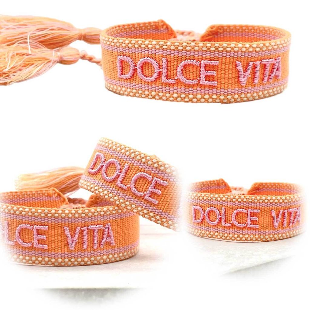 LS-LebenStil Canvas Statement Armband Dolce Vita Orange Rosa besticktes Stoffarmband gewebt textiles Quasten Spruch Boho Geschenk Freundschaftsarmband