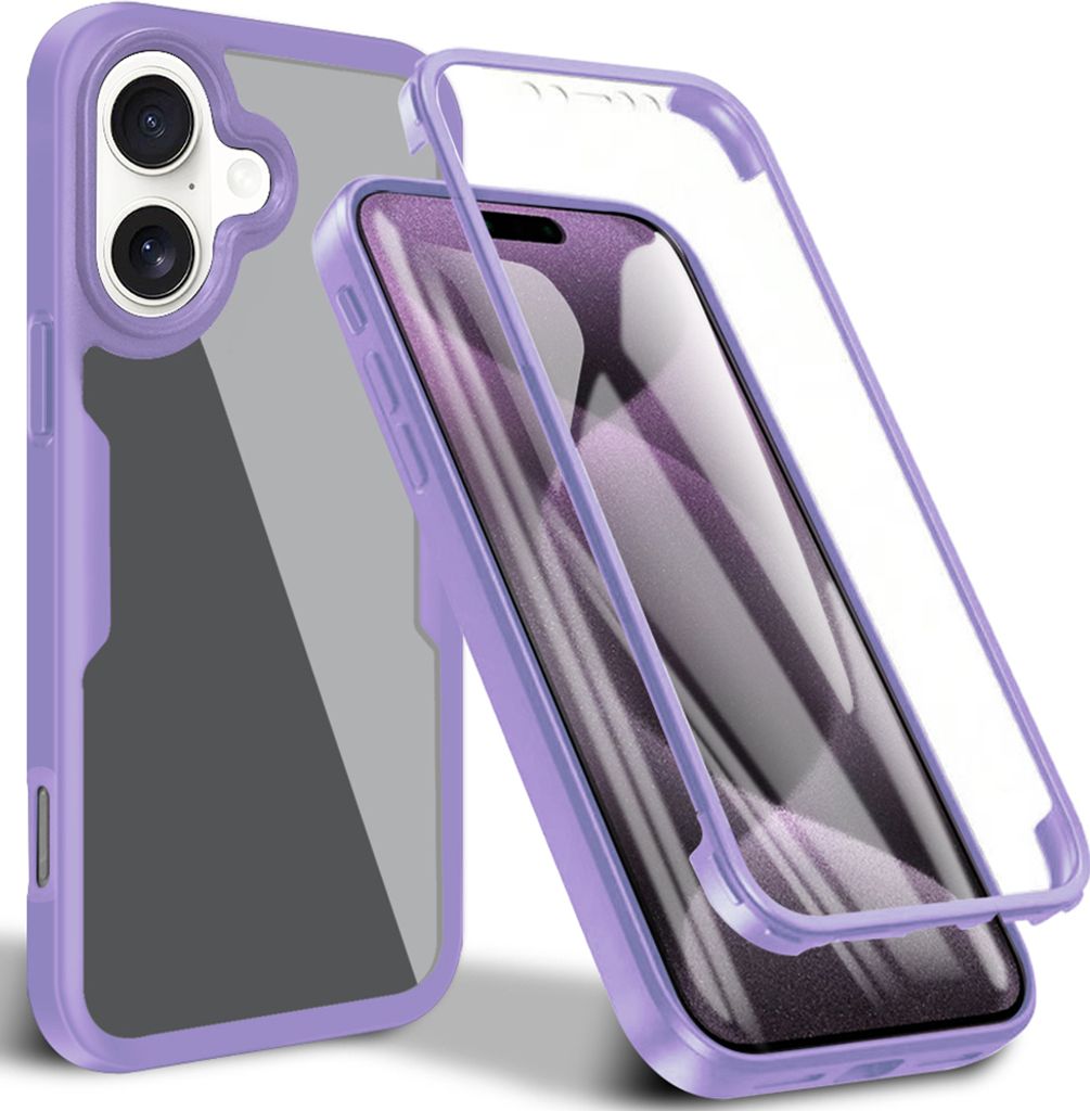 Schutzhülle für iPhone 16, Eingebautem Displayschutz 360 Grad Komplettschutz Handyhülle Lila
