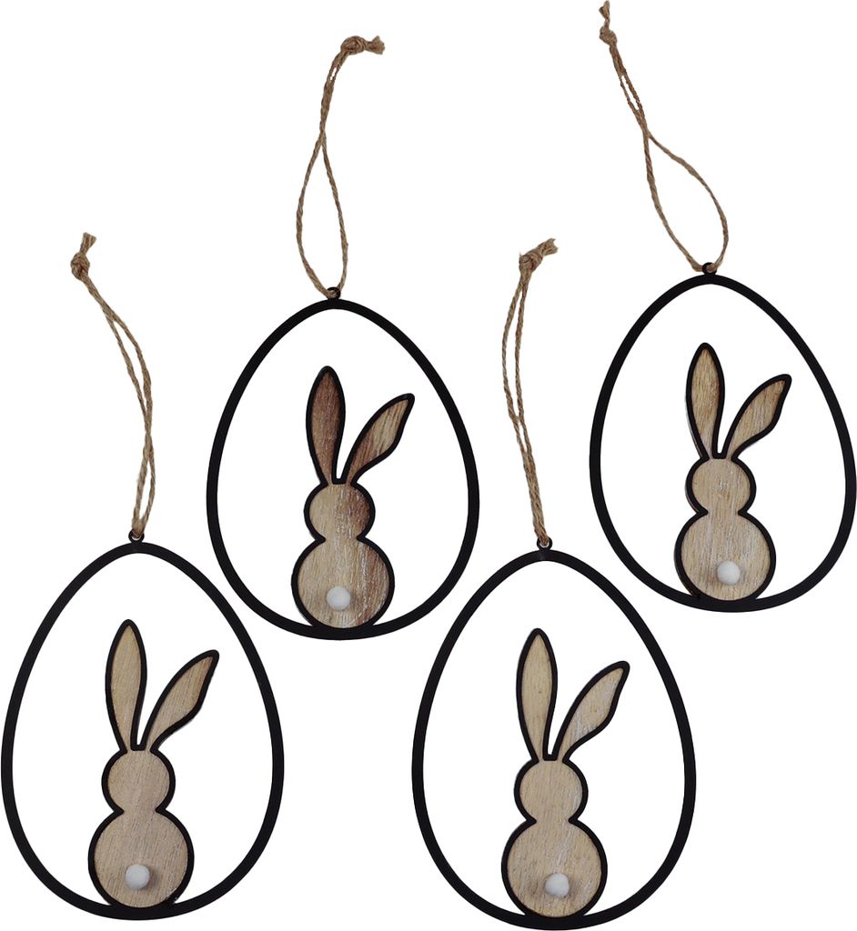 Osterhasen Holzdeko zum Aufhängen - Osterdeko 13cm 4er Set - Naturdeko im Frühlingslook, 4 Stück