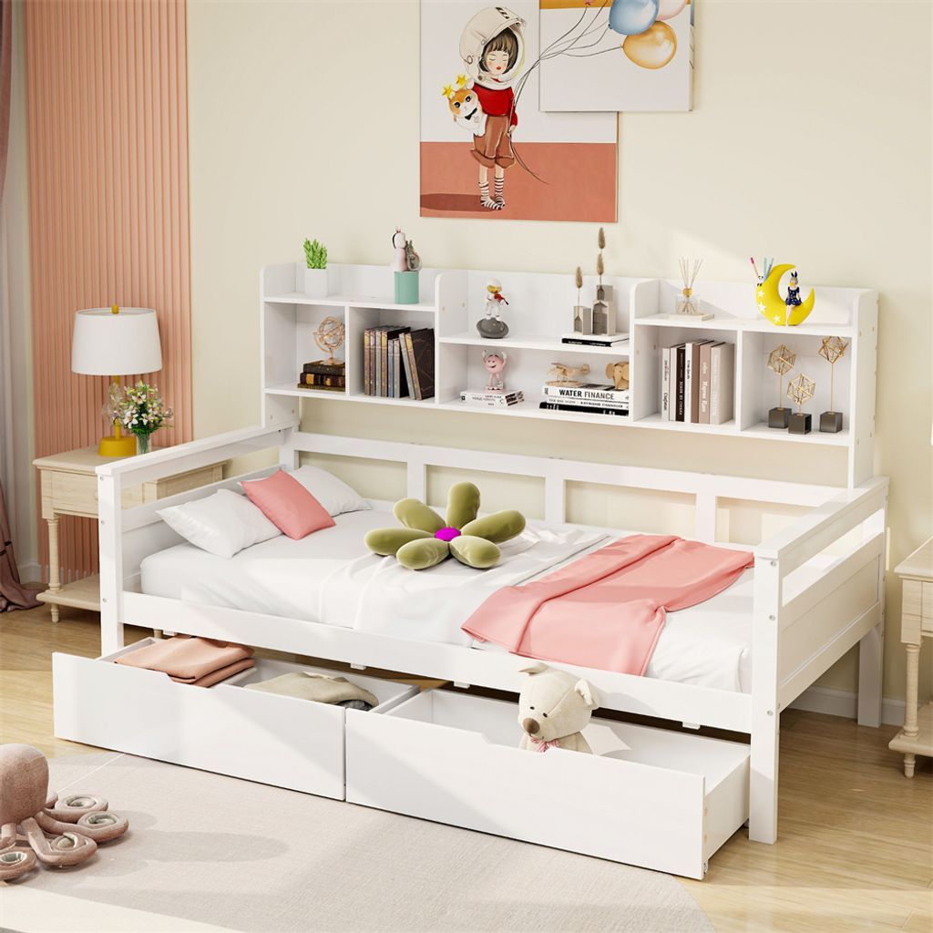 Sweiko Schlafsofa 90x200, Schubladen und Regale, Lattenrost, Kinderbett, Jugendbett, Einzelbett, Massivholzbett, weiß