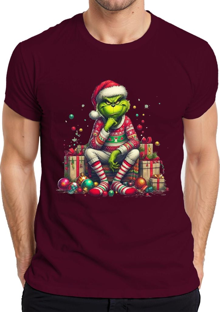Grinch Weihnachtsgeschenk lustig böse Geschenkidee Retro Herren T-Shirt, Burgundy, L