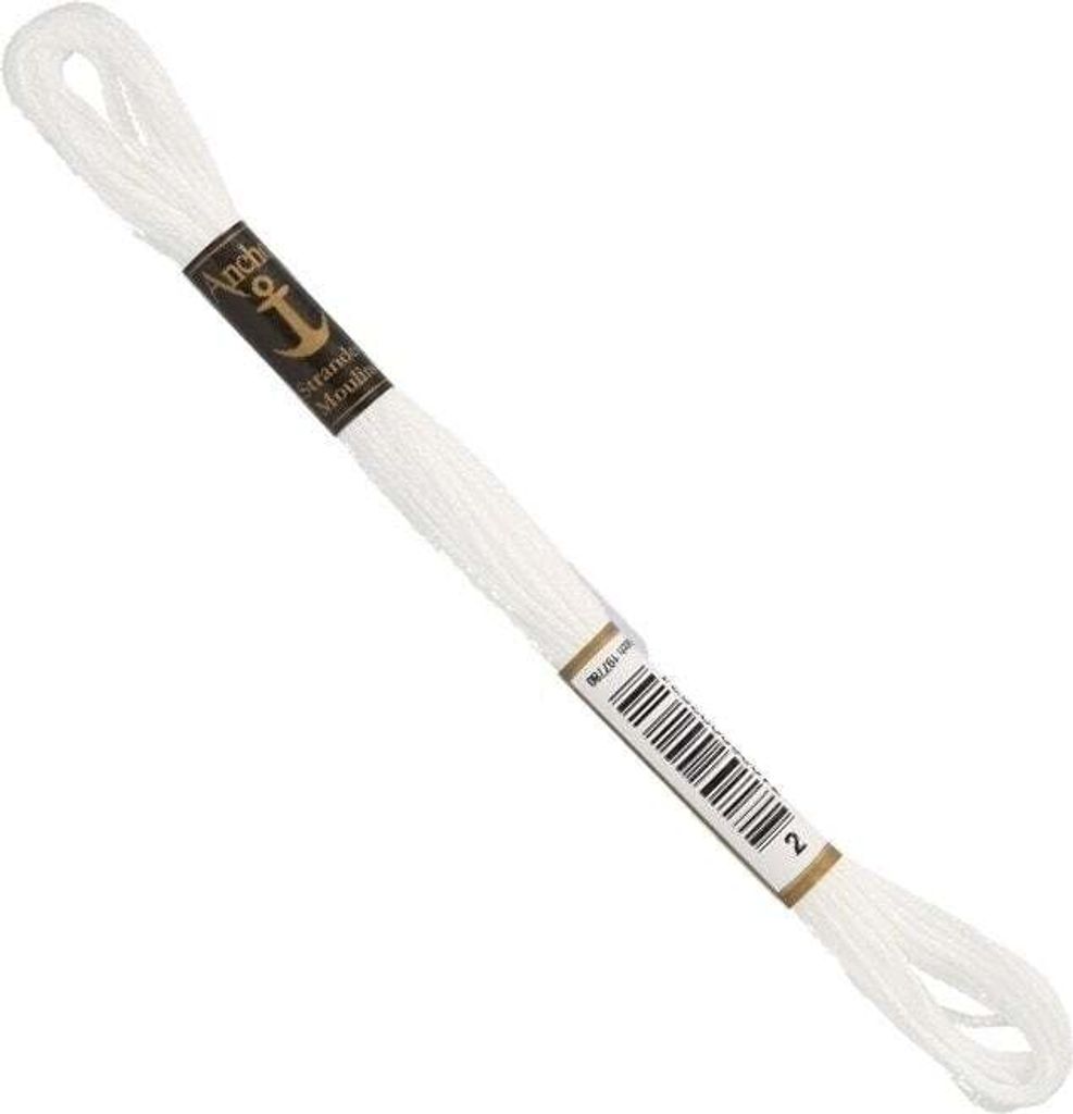 A single skein of white embroidery thread on a white background.
