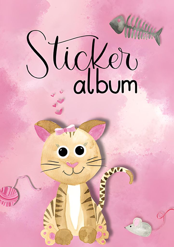 A cute cartoon cat is depicted on a pink watercolor background, with text indicating it is a sticker album. There are also small illustrations of a fish skeleton, a ball of yarn, and a mouse.