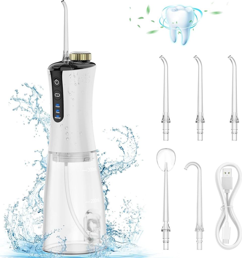 Zahnseide-Massage-Zahnseide, wiederaufladbar, 12-Gang-Zahnspange, Wasserstrahl mit 350 ml Wassertank und 5 Düsenspitzen für unterwegs und zu Hause