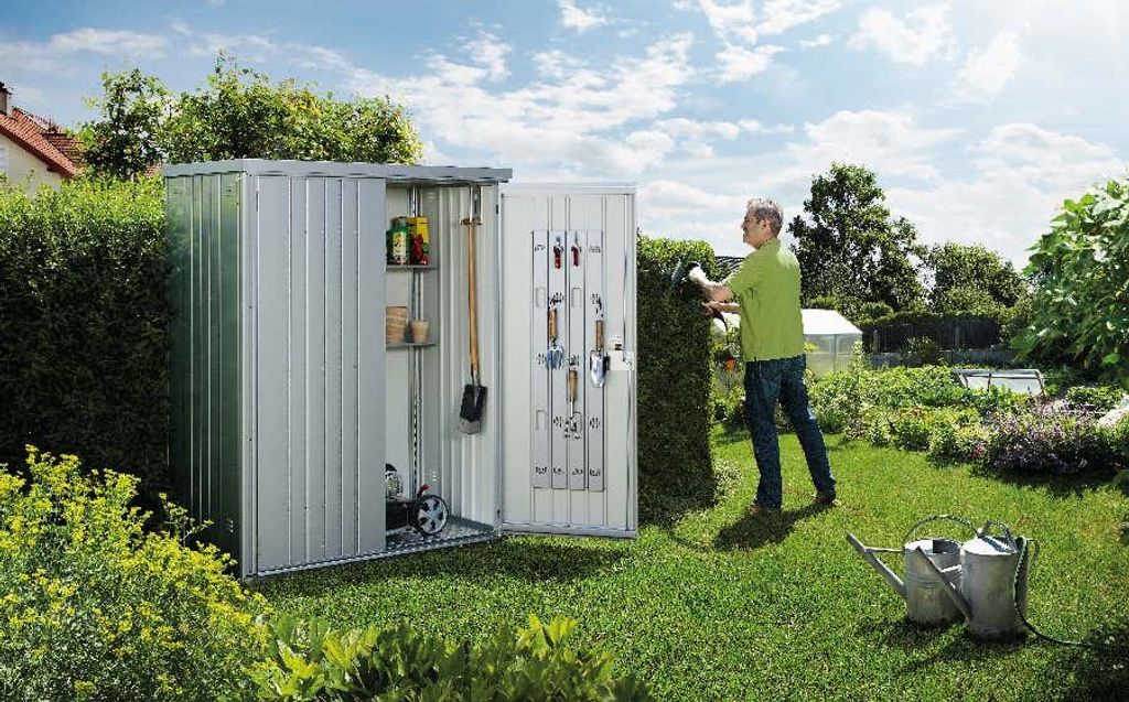 Biohort Geräteschrank aus Metall Aufbewahrung mit 0 mm Wandstärke Kisten Kiste 0,77 m² Flachdach