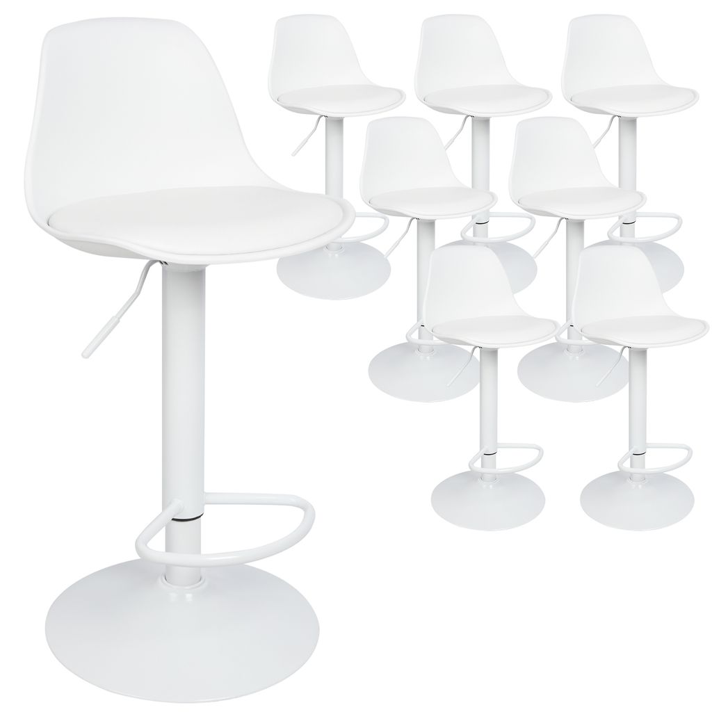 A group of white bar stools arranged on a white background.