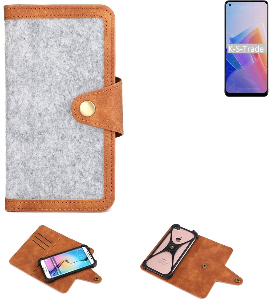 K-S-Trade Handyhülle kompatibel mit Oppo Reno7 Lite 5G Schutzhülle Filz-Hülle Kunst-Leder hellgrau braun (1x)