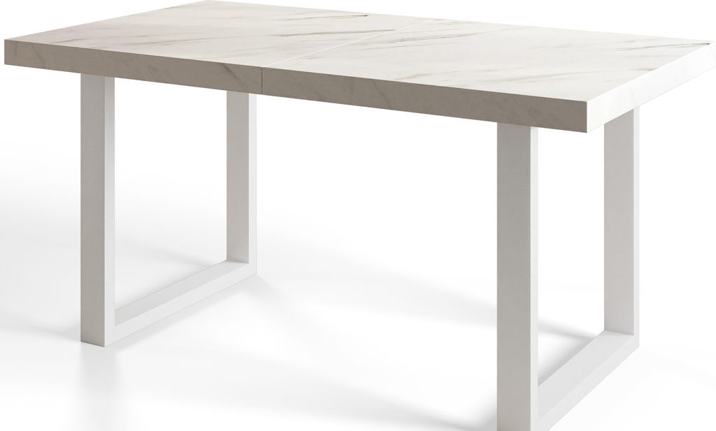 Alpi Moebel, Rechteckig Esstisch Loft-U, Ausziehbarer Tish 160-260x90x77 cm, Marmur mit Weiß Metallbeinen