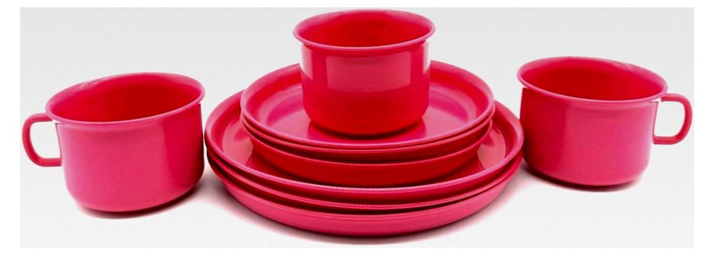 3-teiliges Geschirrset für Frühstück, Kaffeeservice, Kunststoffgeschirr in Fuchsia