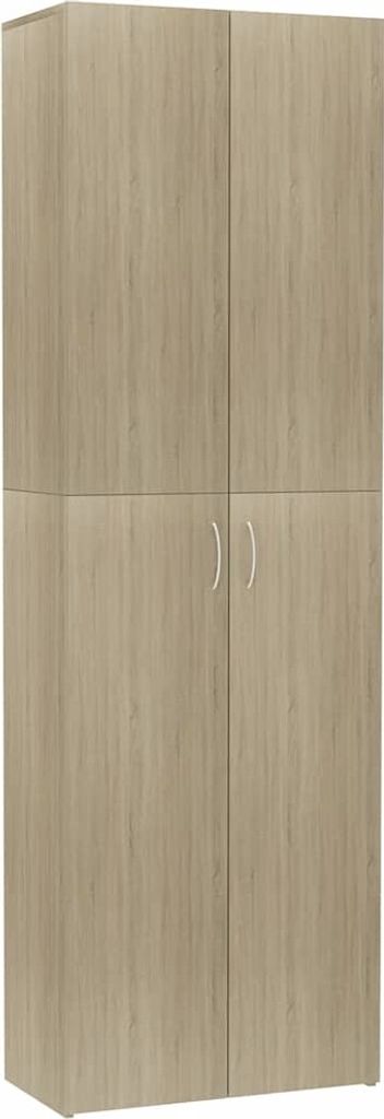 A tall, narrow, four-door cabinet with a wood-grain finish.