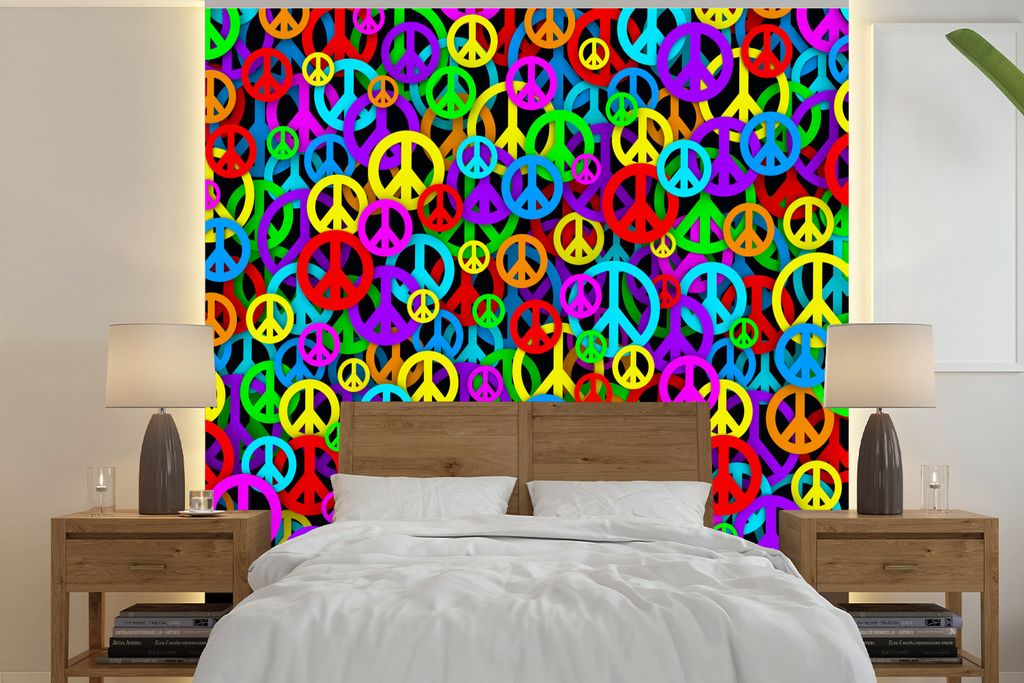 MuchoWow Fototapete für Wohnzimmer oder Schlafzimmer Wandtapete Vinyl Motivtapete Blumenkraft - farbige Friedenszeichen - 300x300 cm - Wanddekor...